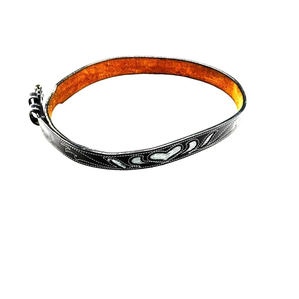 90s Leegin‎ Tooled Heart Leather Western Belt Women's 34 Cowgirl Landman Rodeo